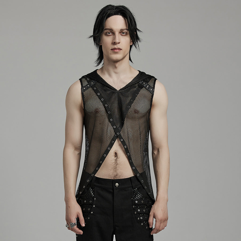 WT-893BXM Mesh Hooded Punk Vest with Studded Accents and Flared Hem