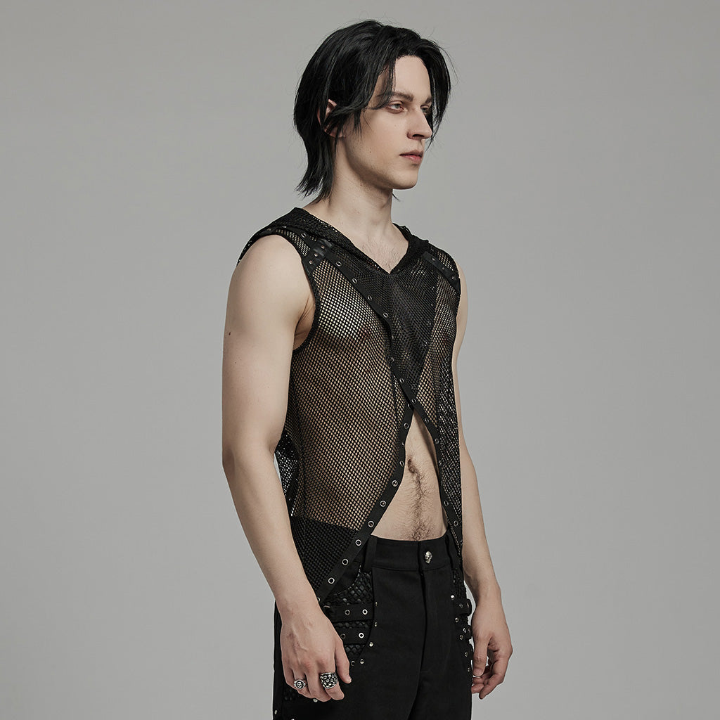 WT-893BXM Mesh Hooded Punk Vest with Studded Accents and Flared Hem