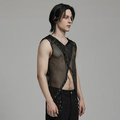 WT-893BXM Mesh Hooded Punk Vest with Studded Accents and Flared Hem