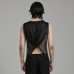 WT-893BXM Mesh Hooded Punk Vest with Studded Accents and Flared Hem