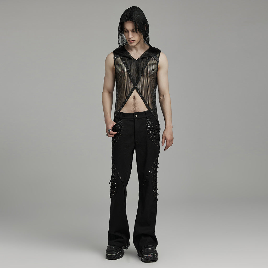 WT-893BXM Mesh Hooded Punk Vest with Studded Accents and Flared Hem