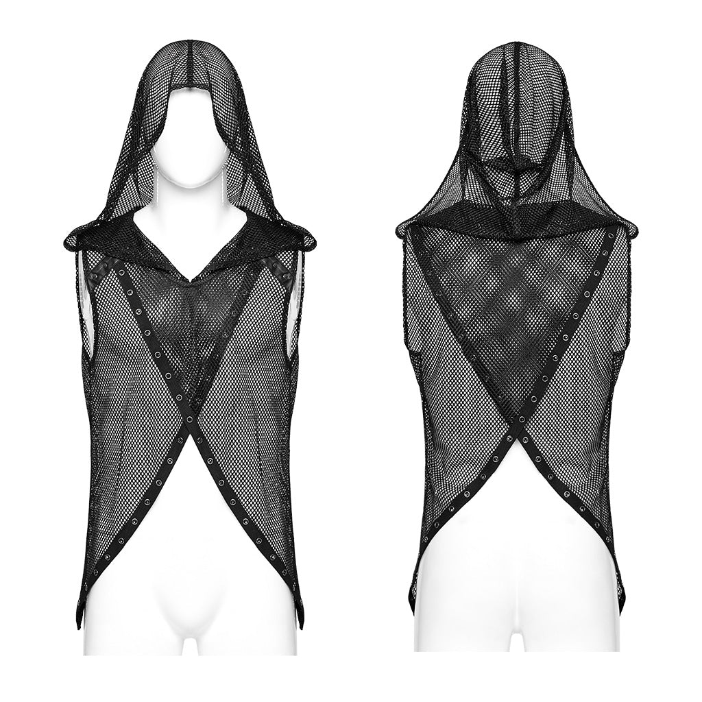 WT-893BXM Mesh Hooded Punk Vest with Studded Accents and Flared Hem