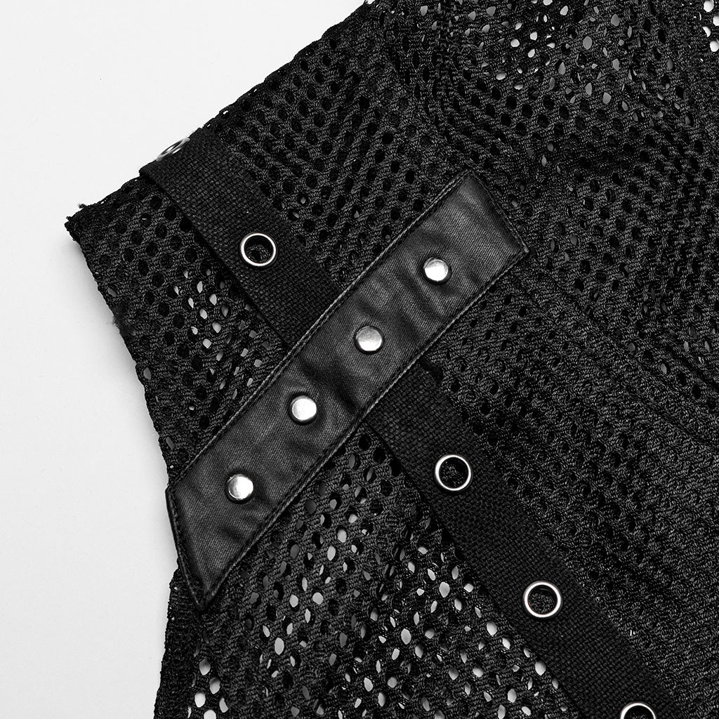 WT-893BXM Mesh Hooded Punk Vest with Studded Accents and Flared Hem