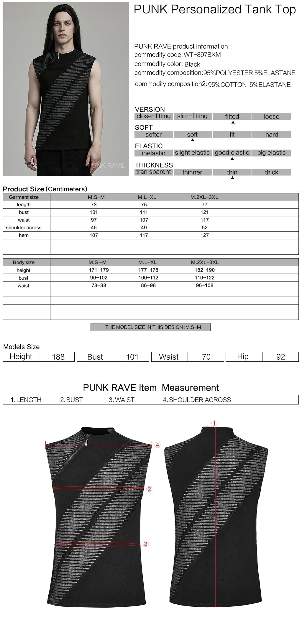 WT-897BXM Edgy Asymmetrical Striped Punk T-Shirt Sleeveless Zipper Top?-??Punk Rave Clothing