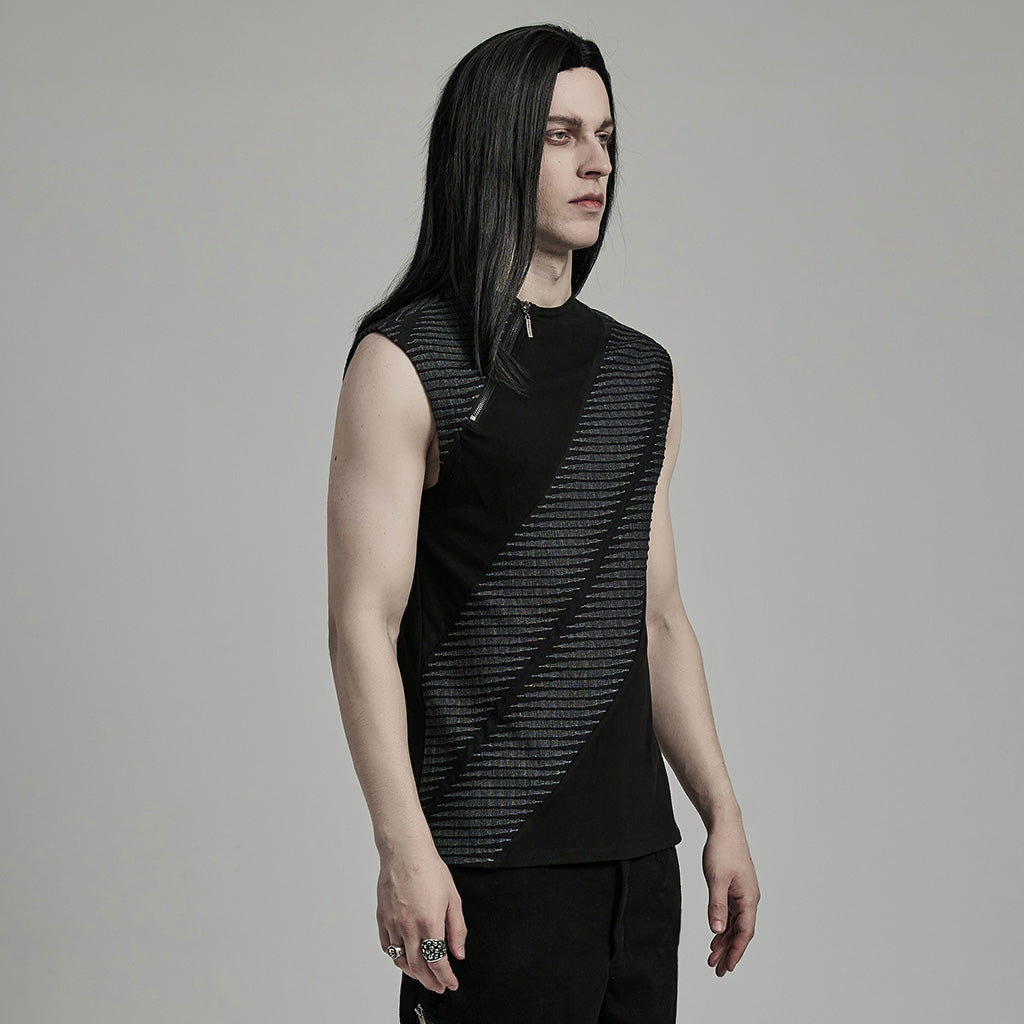 WT-897BXM Edgy Asymmetrical Striped Punk T-Shirt Sleeveless Zipper Top?-??Punk Rave Clothing
