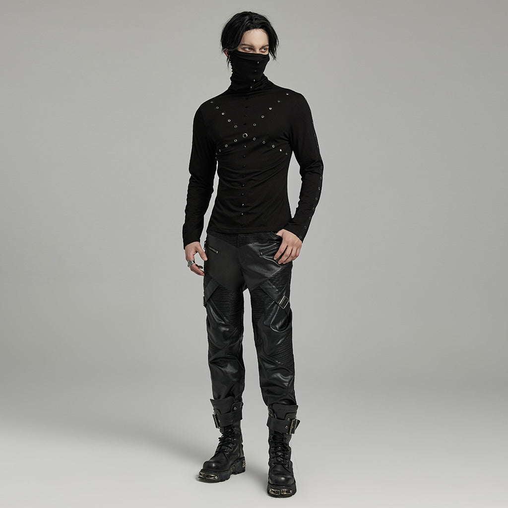 WT-898TCM Mens Punk High Collar Rivet Accent Long Sleeve T-Shirt