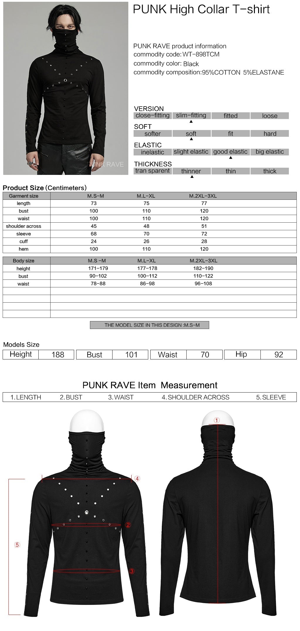 WT-898TCM Mens Punk High Collar Rivet Accent Long Sleeve T-Shirt?-??Punk Rave Clothing