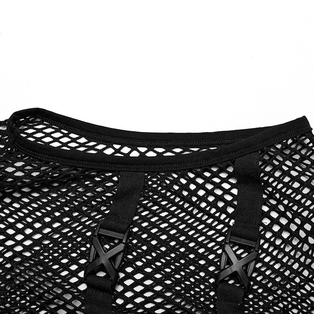 WT-902BXM Edgy Mesh Buckle-Accented Sleeveless Punk Shirt Top black?-??Punk Rave Clothing