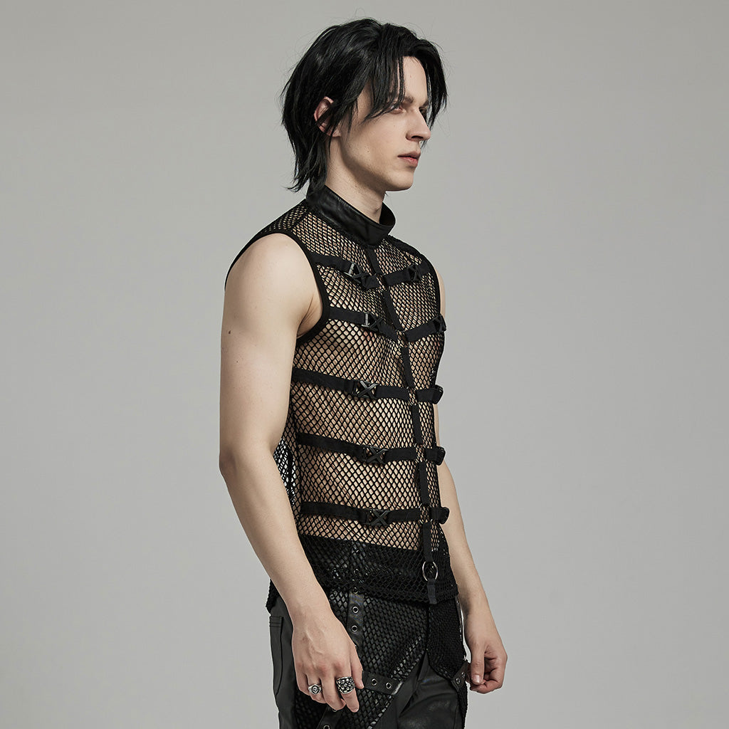 WT-902BXM Edgy Mesh Buckle-Accented Sleeveless Punk Shirt Top black?-??Punk Rave Clothing