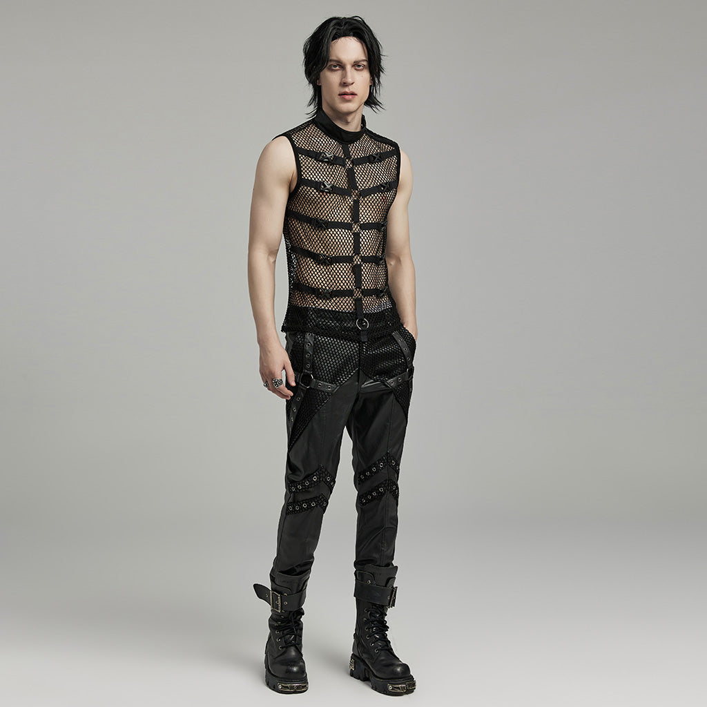 WT-902BXM Edgy Mesh Buckle-Accented Sleeveless Punk Shirt Top black?-??Punk Rave Clothing