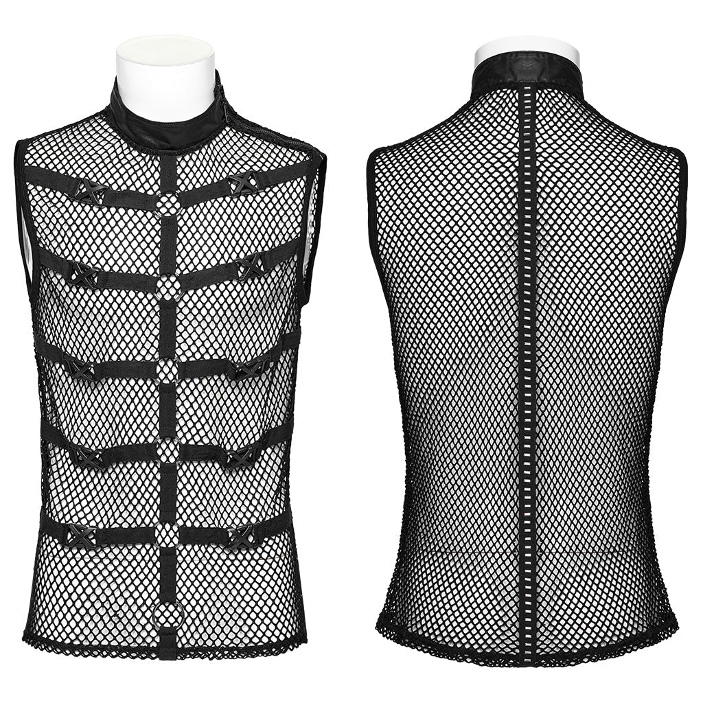 WT-902BXM Edgy Mesh Buckle-Accented Sleeveless Punk Shirt Top black?-??Punk Rave Clothing