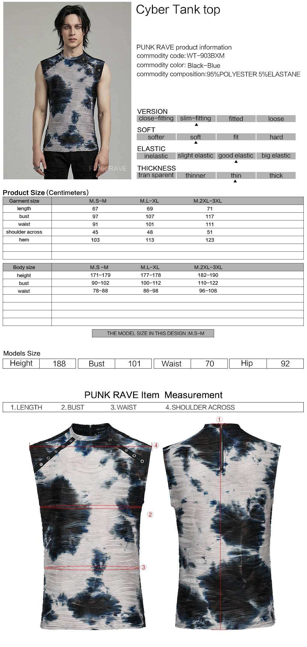 WT-903BXM Punk Shirts Neon Tie-Dye Sleeveless Edgy Rivet Accent Top