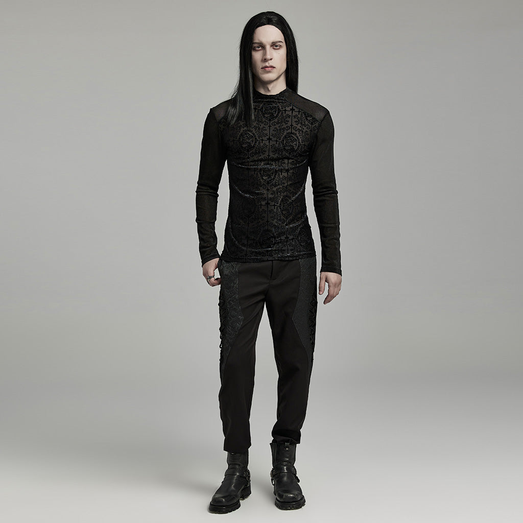 WT-907TCM Mens Gothic T-Shirt Intricate Lace Long Sleeve Top