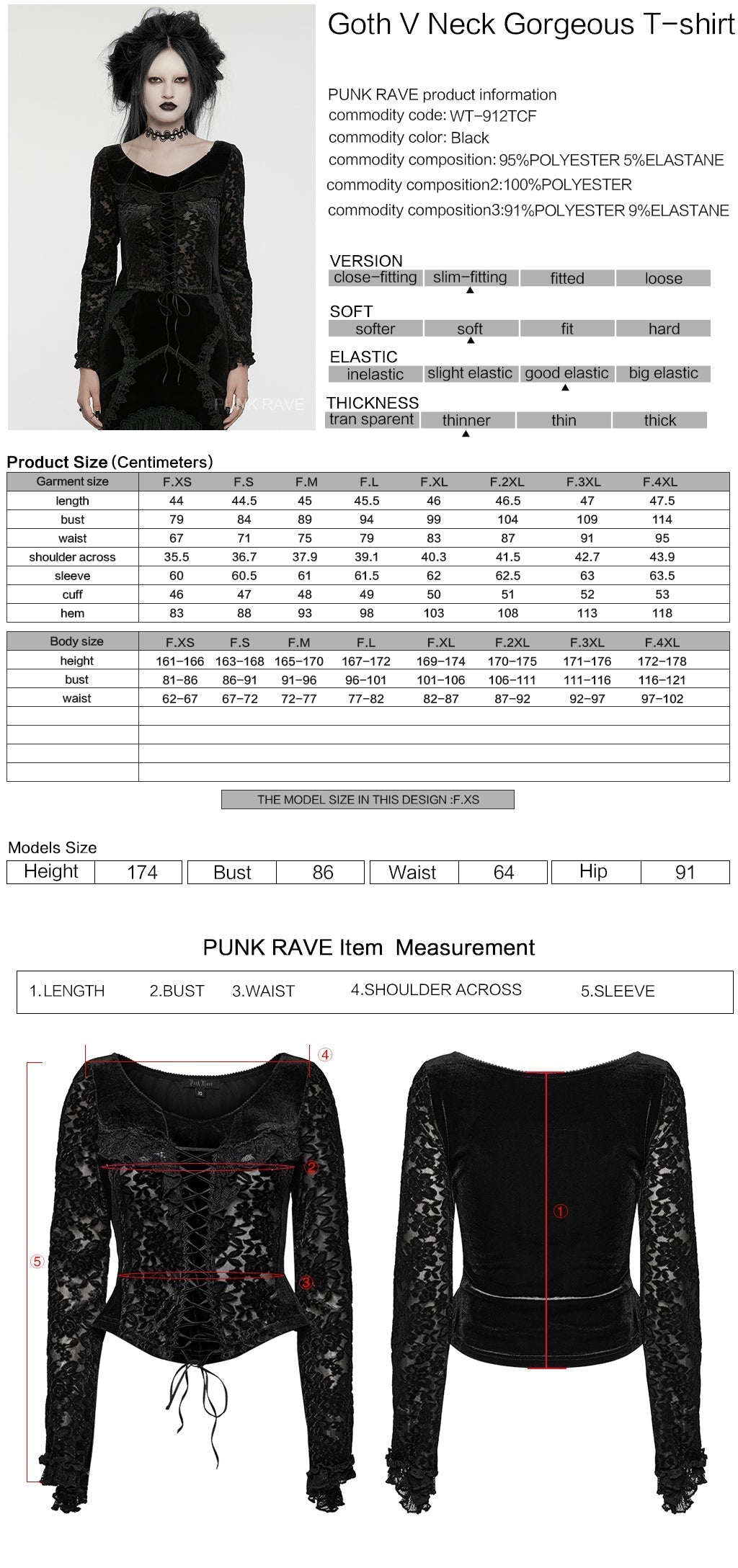 WT-912TCF Gothic Lace Velvet V-Neck Slim Fit Long Sleeve T-Shirt?-??Punk Rave Clothing