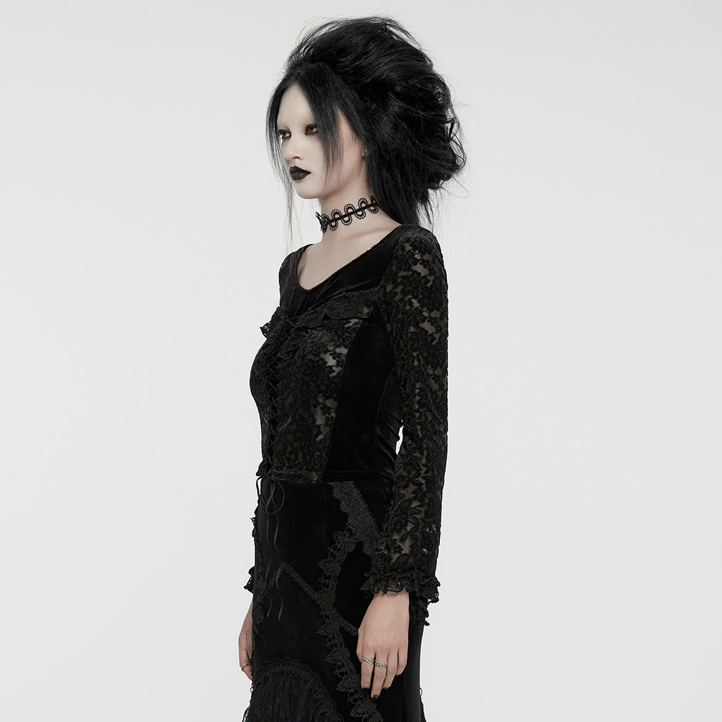 WT-912TCF Gothic Lace Velvet V-Neck Slim Fit Long Sleeve T-Shirt?-??Punk Rave Clothing