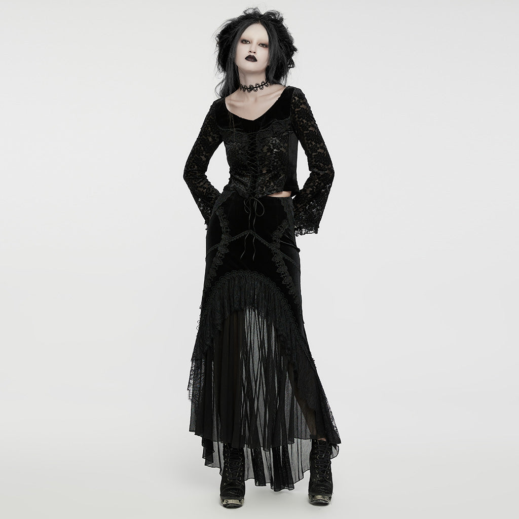WT-912TCF Gothic Lace Velvet V-Neck Slim Fit Long Sleeve T-Shirt?-??Punk Rave Clothing