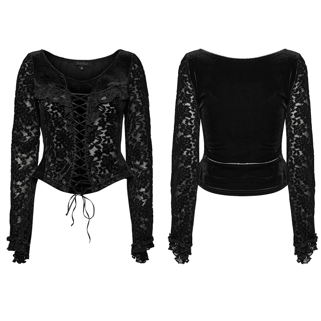 WT-912TCF Gothic Lace Velvet V-Neck Slim Fit Long Sleeve T-Shirt?-??Punk Rave Clothing