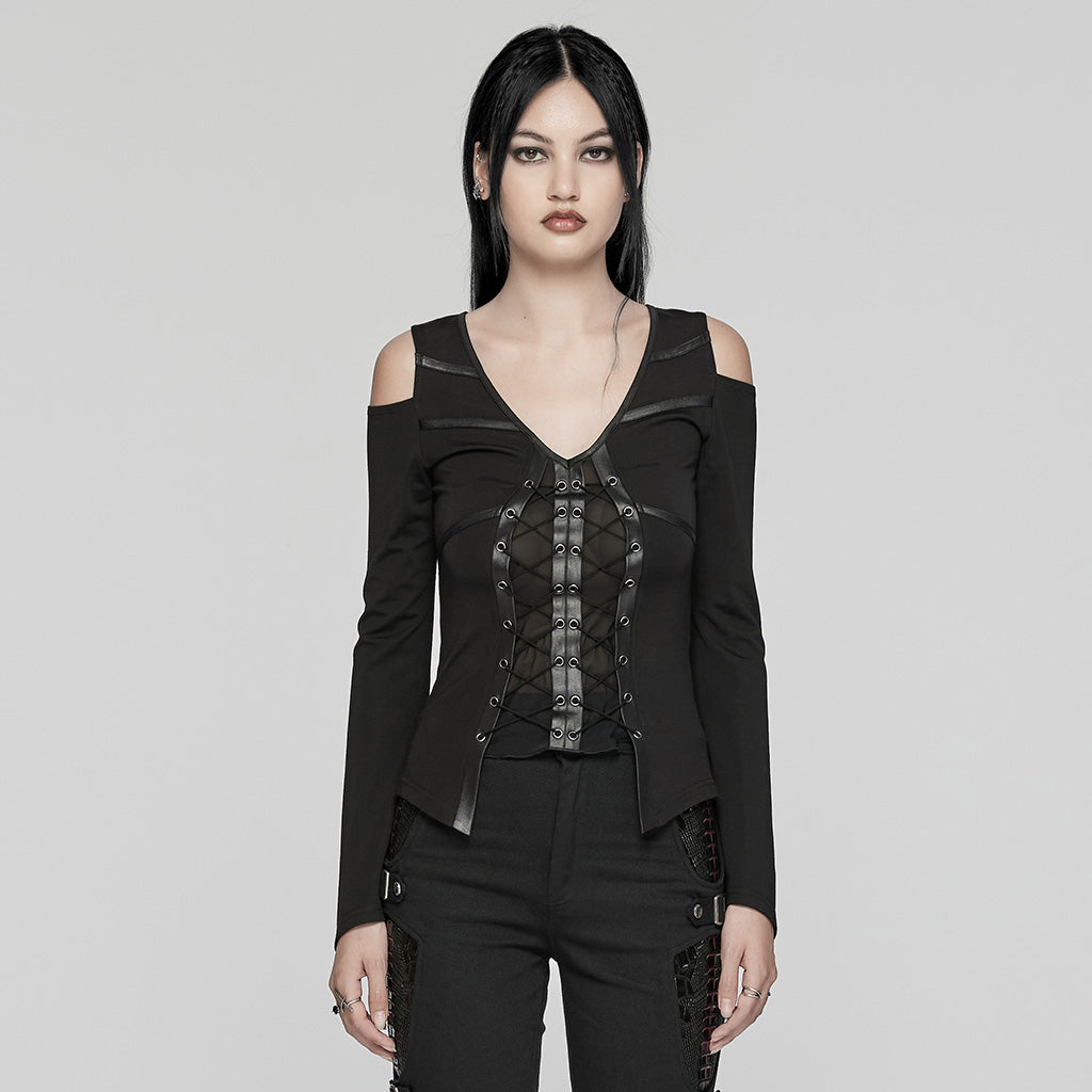 WT-914TCF Gothic Lace-Up Long Sleeve Punk T-Shirt Black Elegance?-??Punk Rave Clothing