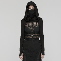 WT-916TCF Edgy Mesh Hooded black Punk T-Shirt with Intricate Patterns