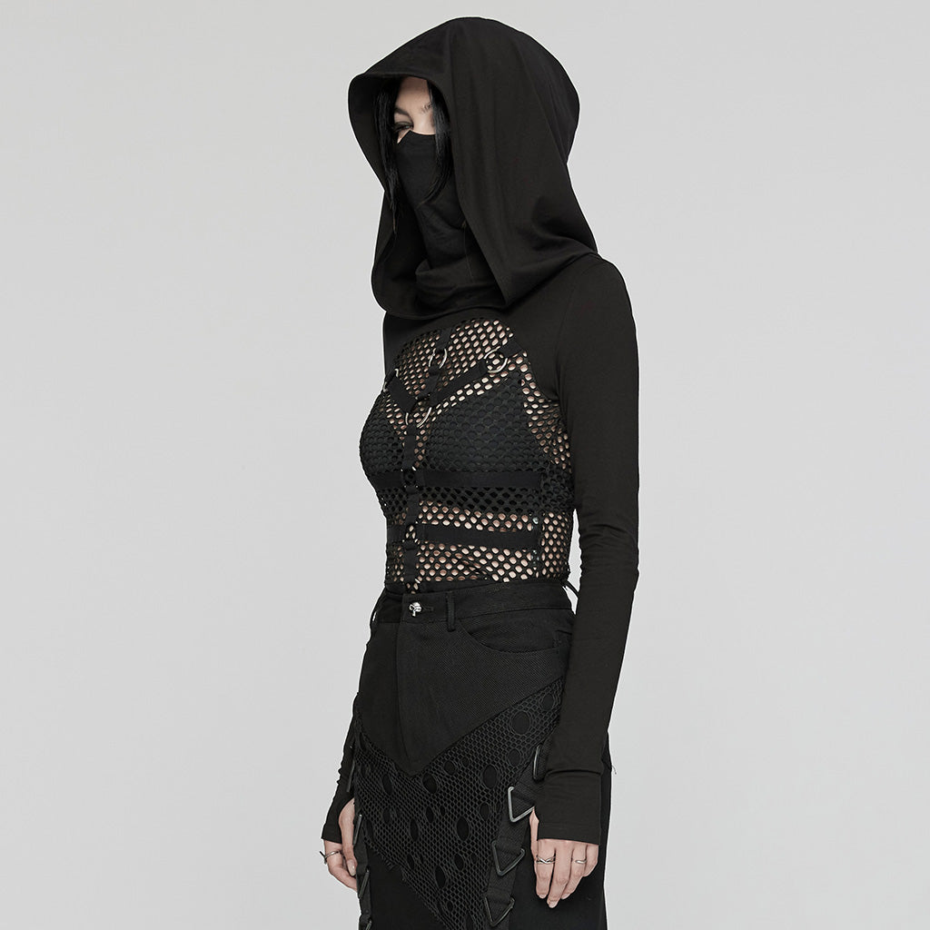 WT-916TCF Edgy Mesh Hooded black Punk T-Shirt with Intricate Patterns?-??Punk Rave Clothing
