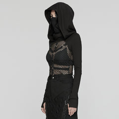 WT-916TCF Edgy Mesh Hooded black Punk T-Shirt with Intricate Patterns