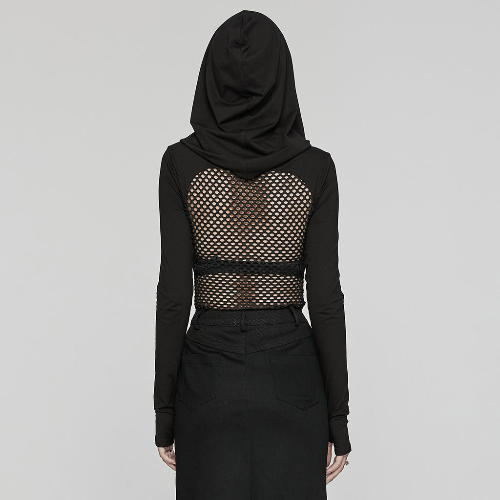 WT-916TCF Edgy Mesh Hooded black Punk T-Shirt with Intricate Patterns