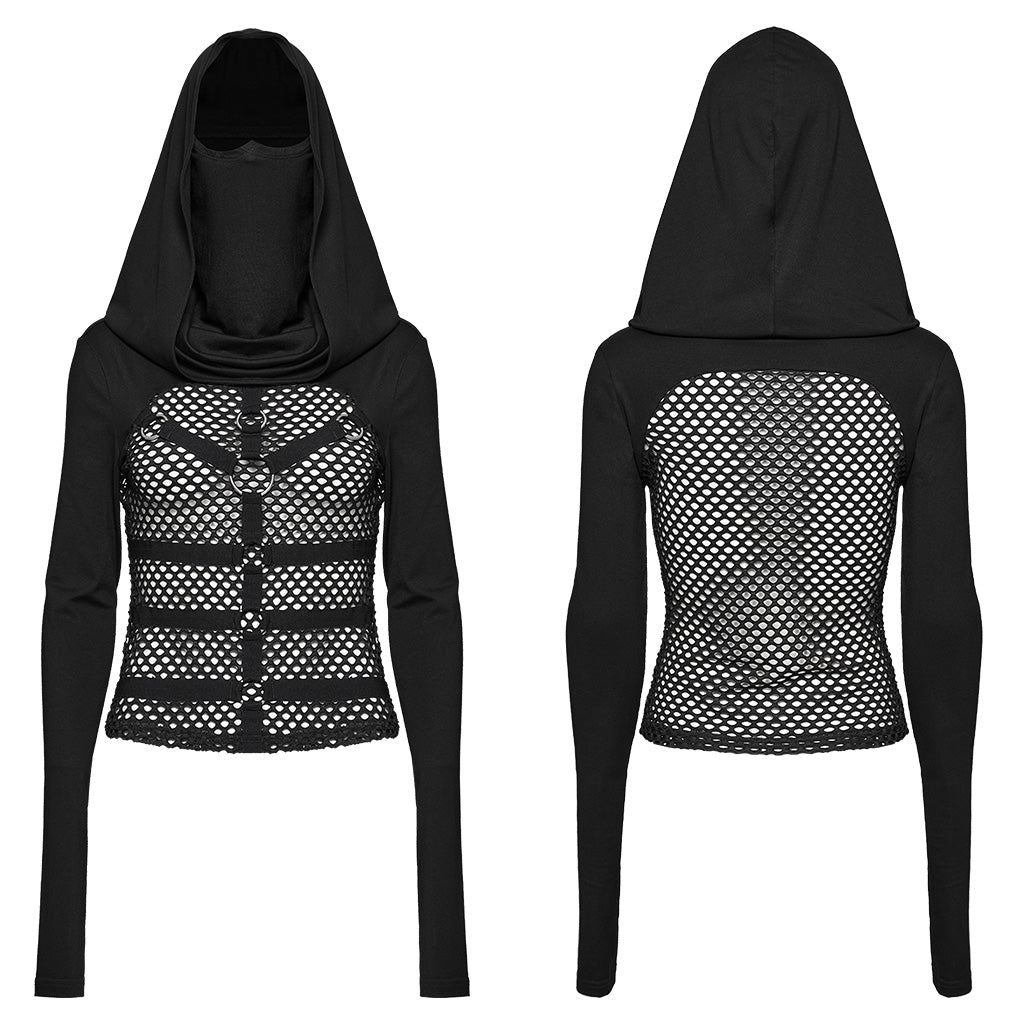 WT-916TCF Edgy Mesh Hooded black Punk T-Shirt with Intricate Patterns