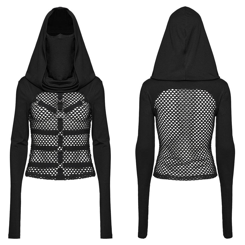 WT-916TCF Edgy Mesh Hooded black Punk T-Shirt with Intricate Patterns?-??Punk Rave Clothing