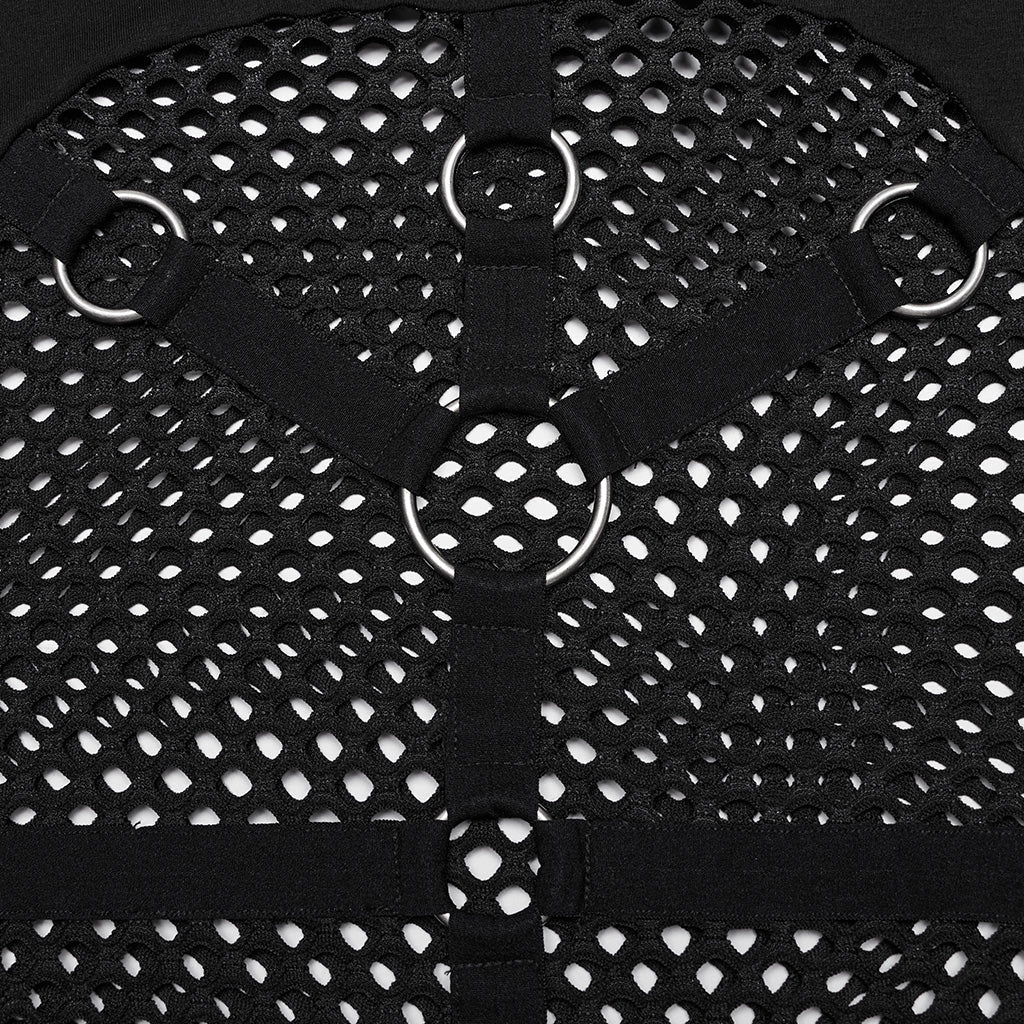 WT-916TCF Edgy Mesh Hooded black Punk T-Shirt with Intricate Patterns?-??Punk Rave Clothing