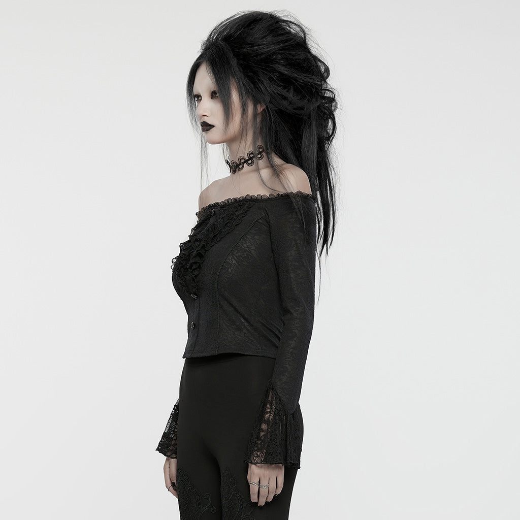 WT-921TCF Gothic Lace Off-Shoulder Ruffle Slim Fit Long Sleeve T-Shirt?-??Punk Rave Clothing