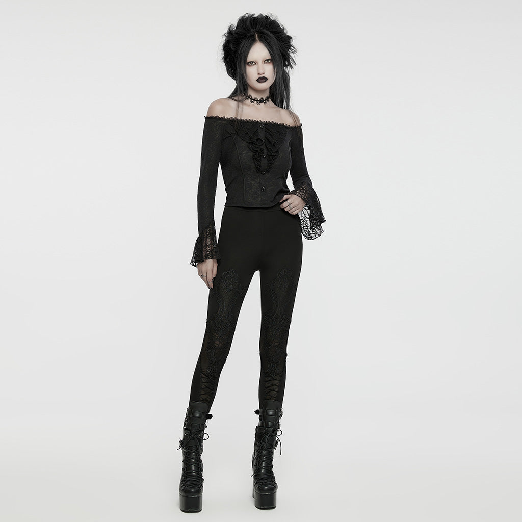 WT-921TCF Gothic Lace Off-Shoulder Ruffle Slim Fit Long Sleeve T-Shirt?-??Punk Rave Clothing