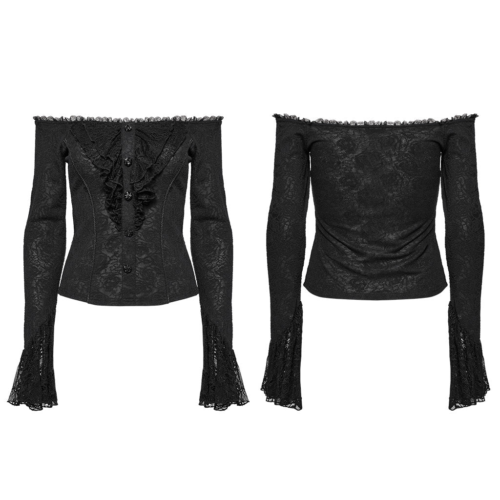 WT-921TCF Gothic Lace Off-Shoulder Ruffle Slim Fit Long Sleeve T-Shirt?-??Punk Rave Clothing