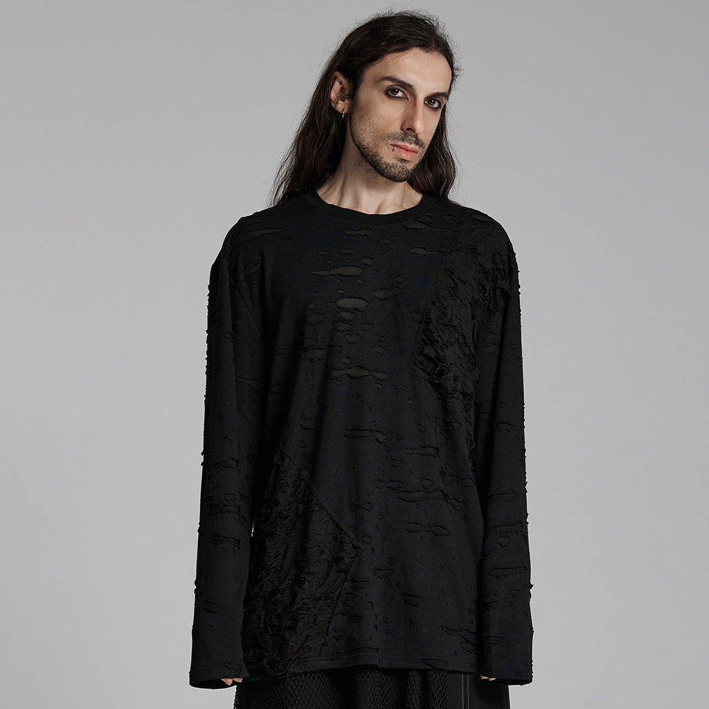 WT-929TCM Gothic Distressed Black Long Sleeve Pullover T-Shirt?-??Punk Rave Clothing