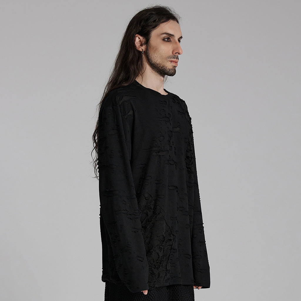 WT-929TCM Gothic Distressed Black Long Sleeve Pullover T-Shirt?-??Punk Rave Clothing