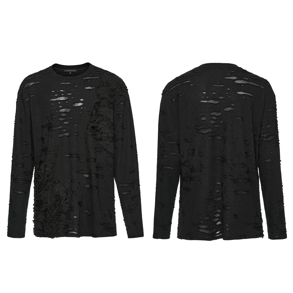 WT-929TCM Gothic Distressed Black Long Sleeve Pullover T-Shirt?-??Punk Rave Clothing