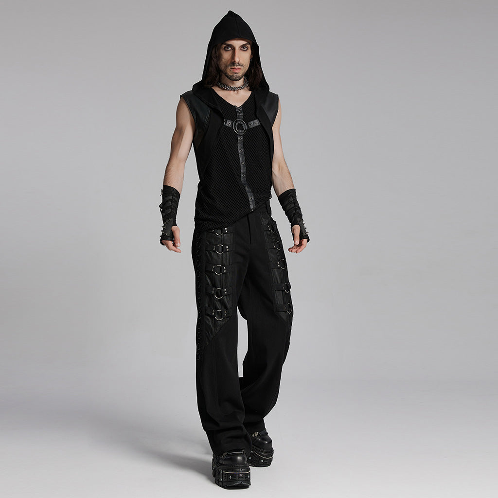 WT-936BXM Gothic Mesh Hooded Vest with Leather Straps Ring Detail?-??Punk Rave Clothing
