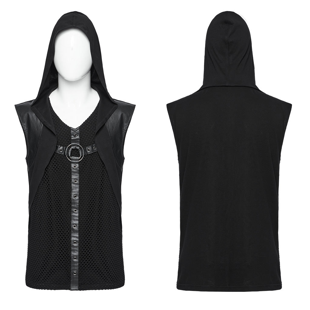 WT-936BXM Gothic Mesh Hooded Vest with Leather Straps Ring Detail?-??Punk Rave Clothing