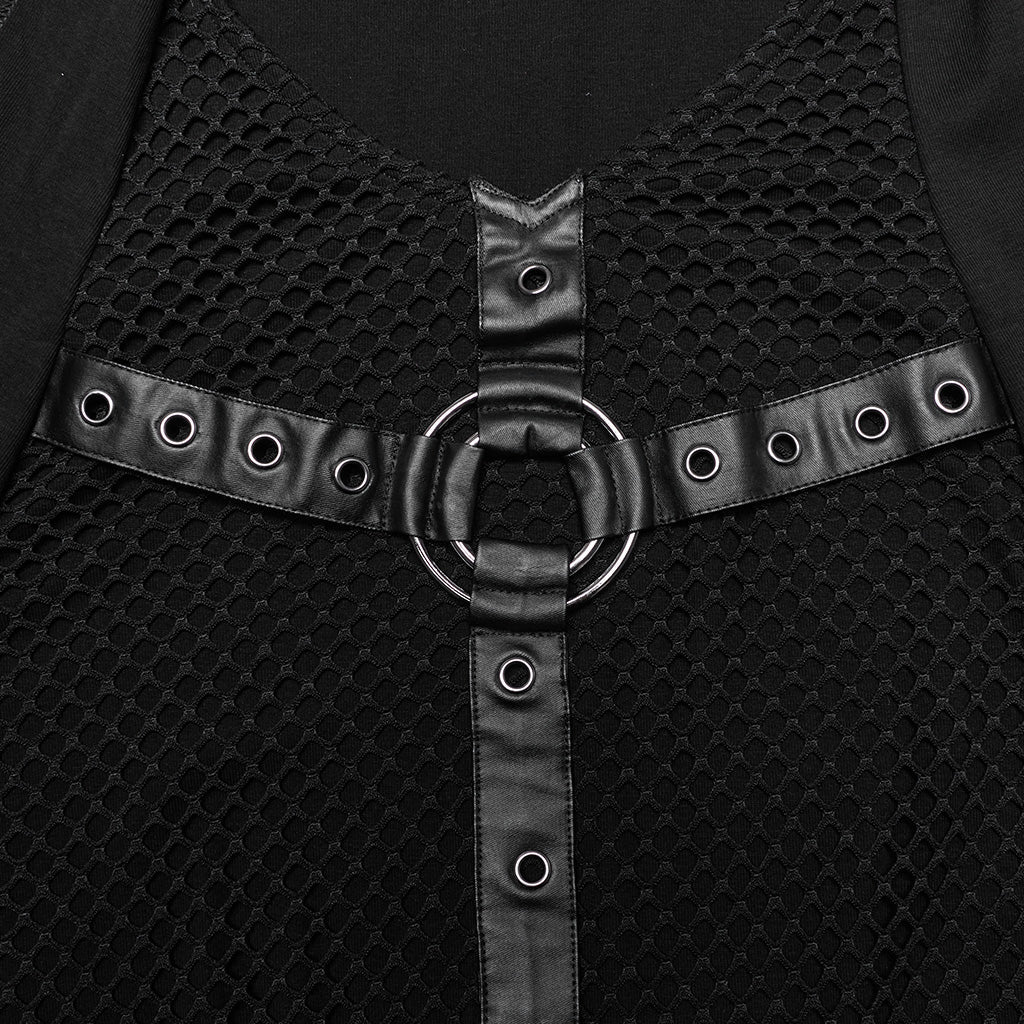 WT-936BXM Gothic Mesh Hooded Vest with Leather Straps Ring Detail?-??Punk Rave Clothing