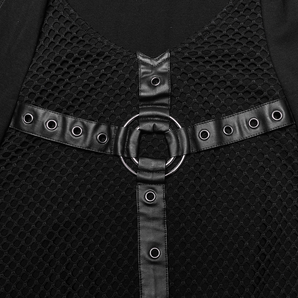 WT-936BXM Gothic Mesh Hooded Vest with Leather Straps Ring Detail?-??Punk Rave Clothing