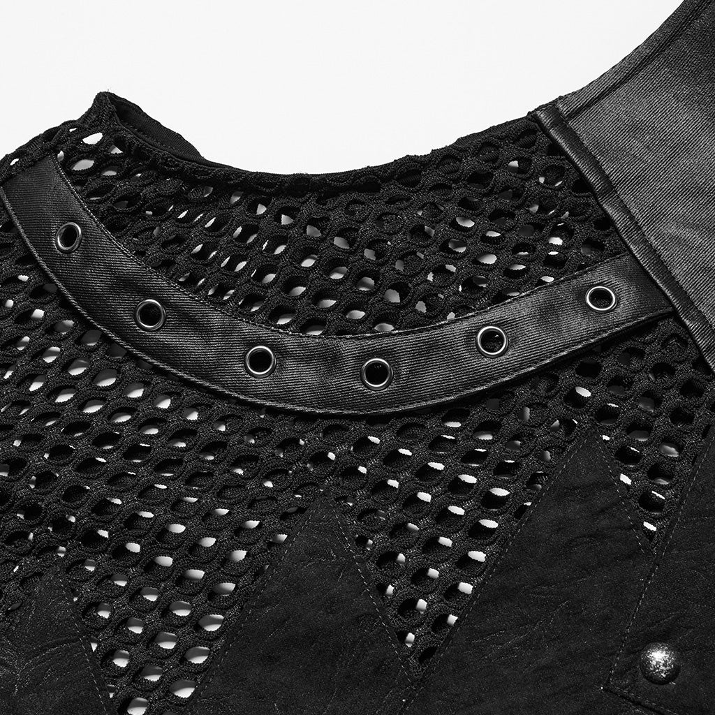 WT-938BXM Mesh Pattern Sleeveless Punk T-Shirt Studded Leather Straps?-??Punk Rave Clothing