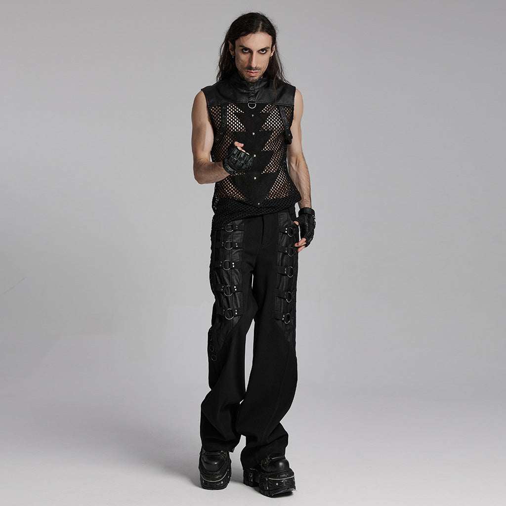 WT-938BXM Mesh Pattern Sleeveless Punk T-Shirt Studded Leather Straps?-??Punk Rave Clothing