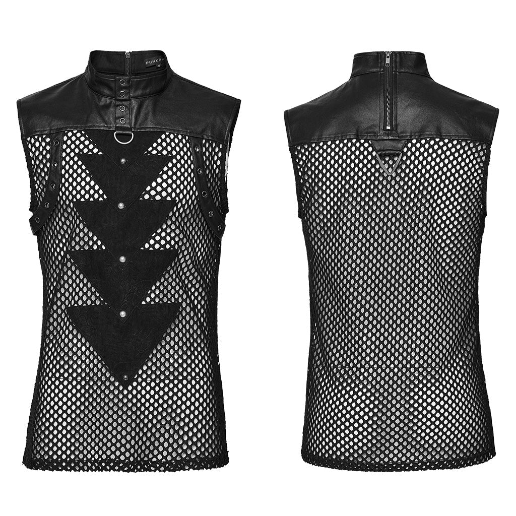 WT-938BXM Mesh Pattern Sleeveless Punk T-Shirt Studded Leather Straps?-??Punk Rave Clothing
