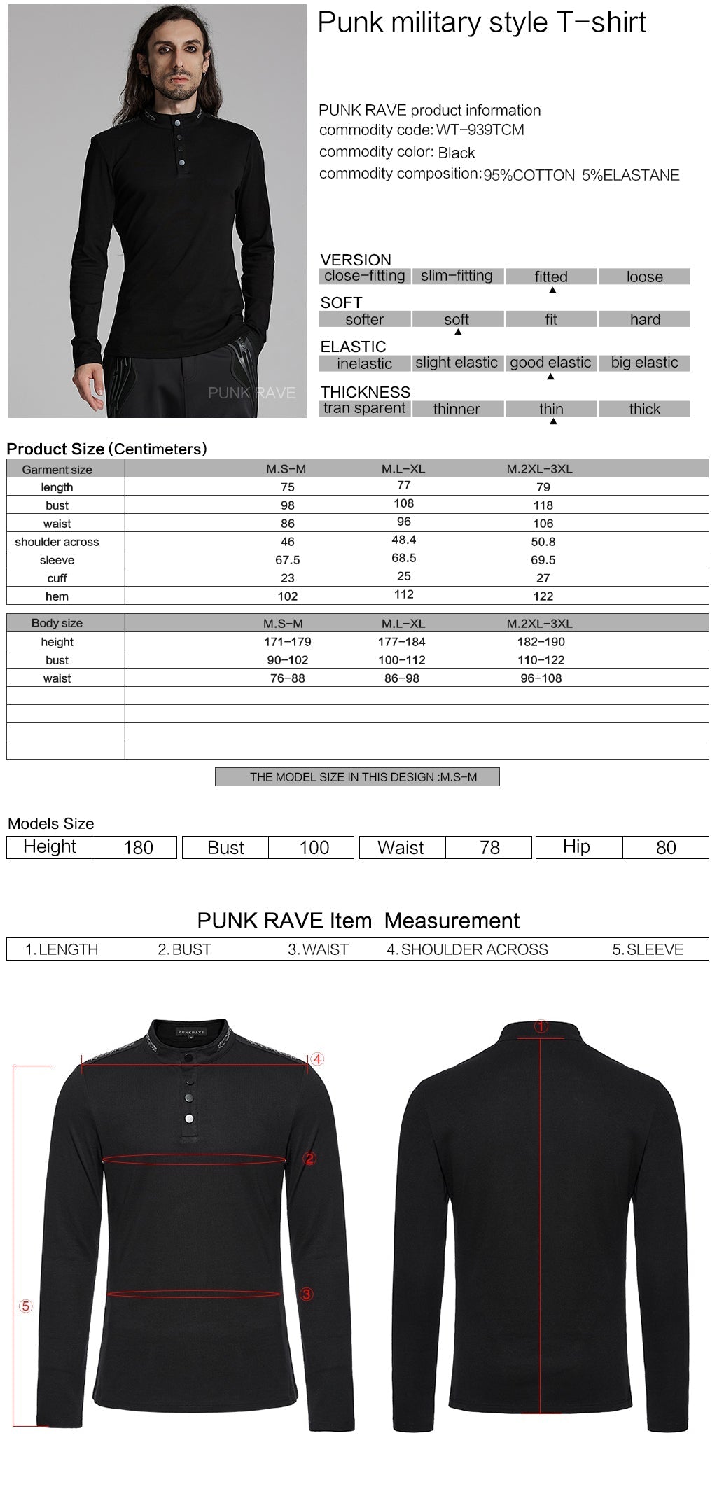 WT-939TCM Mens Black Buttoned Long Sleeve Punk T-Shirt?-??Punk Rave Clothing