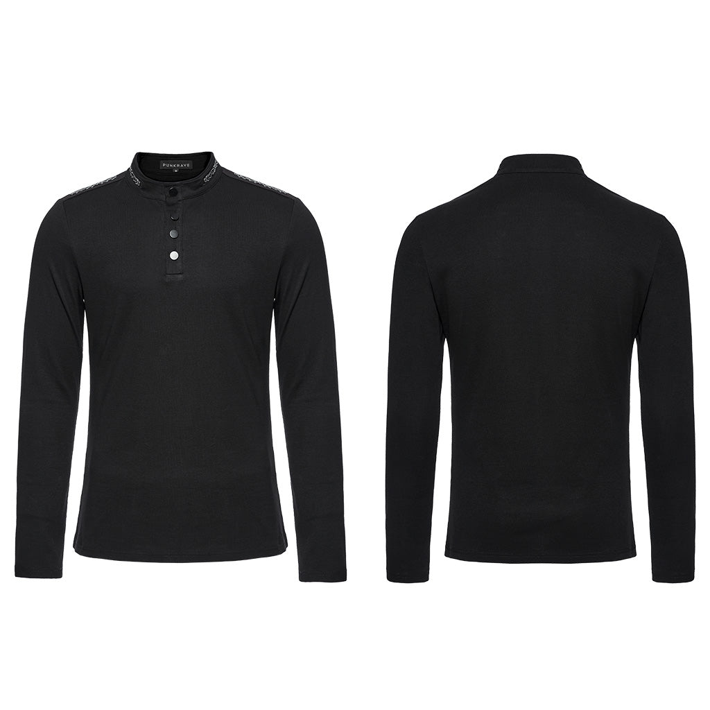 WT-939TCM Mens Black Buttoned Long Sleeve Punk T-Shirt?-??Punk Rave Clothing