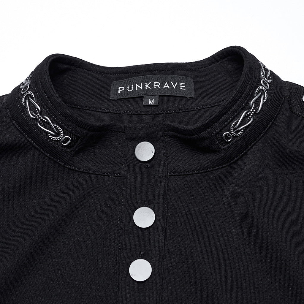 WT-939TCM Mens Black Buttoned Long Sleeve Punk T-Shirt?-??Punk Rave Clothing