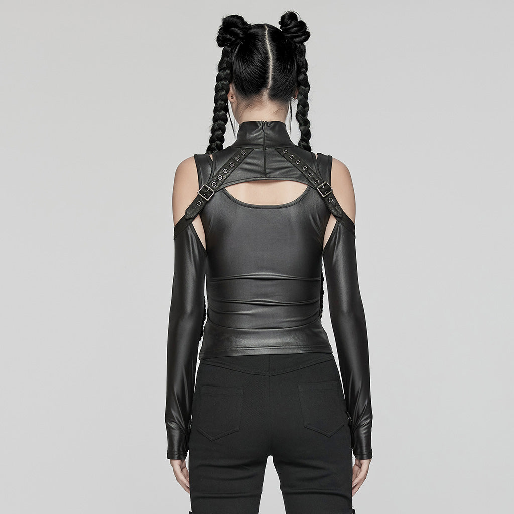 WT-941TCF Gothic Cutout Cold Shoulder Punk T-Shirts Two-Piece Set?-??Punk Rave Clothing