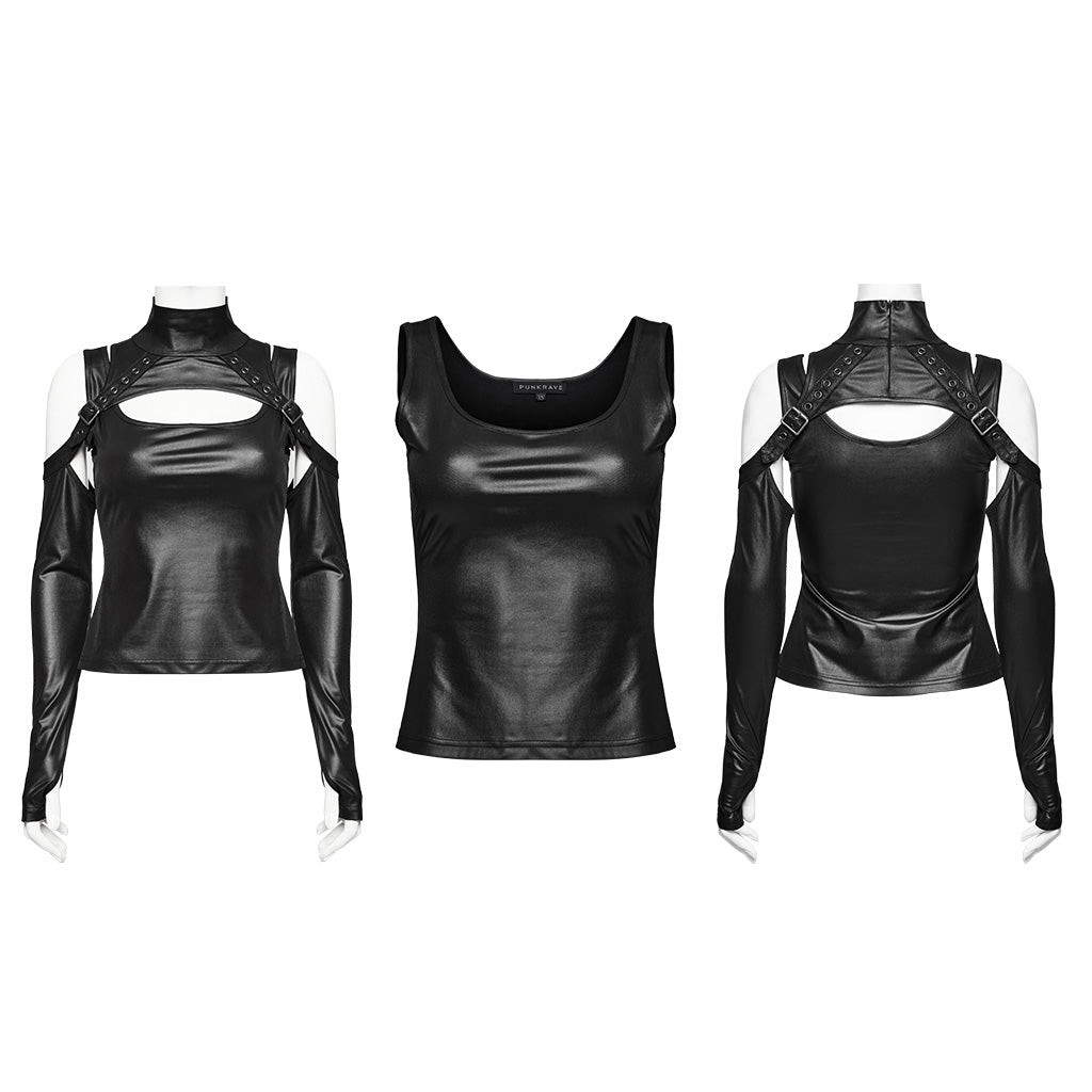 WT-941TCF Gothic Cutout Cold Shoulder Punk T-Shirts Two-Piece Set?-??Punk Rave Clothing