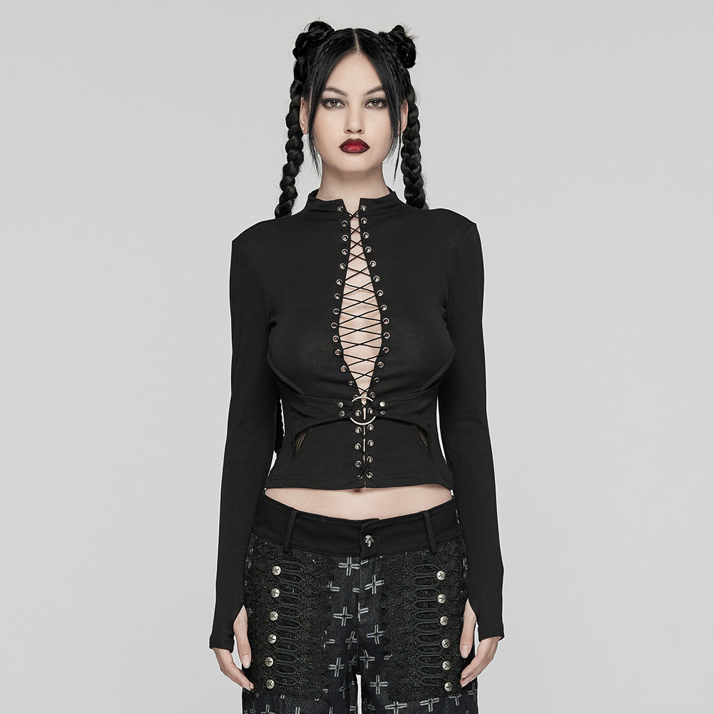 WT-942TCF Gothic Lace-Up black Long Sleeve Punk T-Shirt