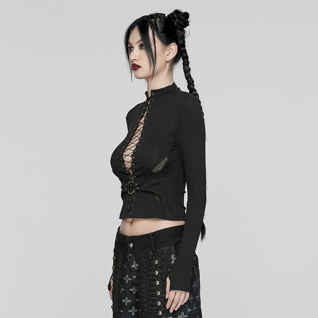WT-942TCF Gothic Lace-Up black Long Sleeve Punk T-Shirt?-??Punk Rave Clothing