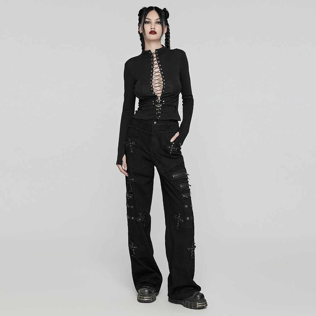 WT-942TCF Gothic Lace-Up black Long Sleeve Punk T-Shirt?-??Punk Rave Clothing